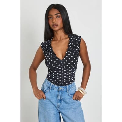 boohoo Dames Bodysuit Met Polkadot Mesh En Gefronselde Halslijn | Zwart Wit | Maat: 40