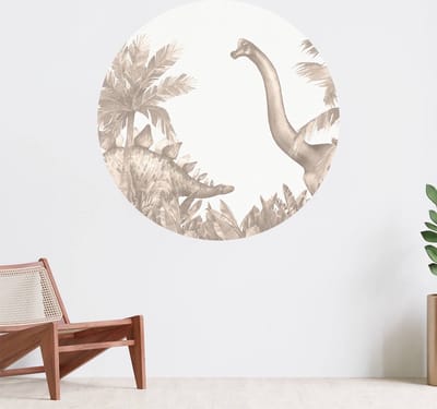 Muurcirkel zelfklevend behang - Dinosaurussen in taupe - Wanddecoratie - 080cm behangcirkel - Ronde sticker voor aan de muur - Behangsticker verkrijgbaar in verschillende formaten