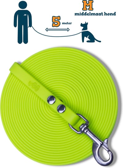 Miqdi BioThane® Sleeplijn 5 meter – zonder handvat – M (13 mm) – neon geel – waterdicht & sterk