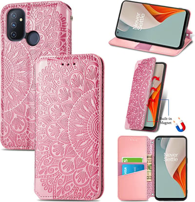 Luxe PU Lederen Blooming Mandala Reliëfpatroon Wallet Case + Glas Screenprotector voor OnePlus Nord N100 _ Roze