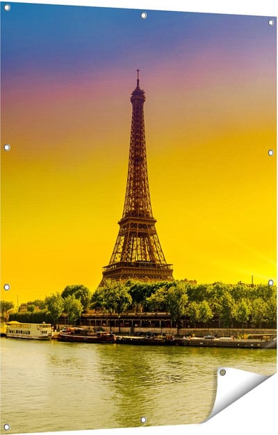 Gards Tuinposter Eiffeltoren in Parijs tijdens Zonsopgang - 90x120 cm - Tuindoek - Tuindecoratie - Wanddecoratie buiten - Tuinschilderij