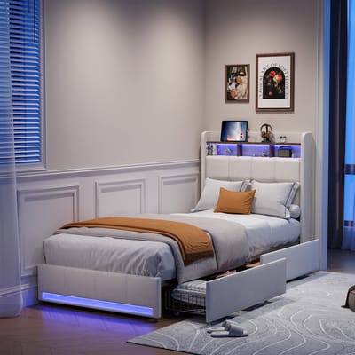 Kinderbed met opbergruimte 90 x 200 cm, LED eenpersoonsbed met USB-aansluiting, lades, bed, zonder matras (verzonden in 2 pakketten)