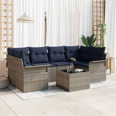 vidaXL - Tuinbank - Set - 7 - st - Grijs - en - Marineblauw - poly - rattan