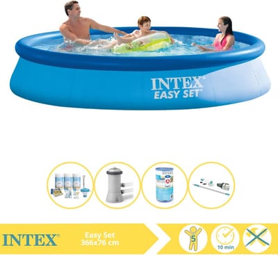 Intex Rond Opblaasbaar Easy Set Zwembad - 366 x 76 cm - Blauw - Inclusief Pomp - Onderhoudspakket - Filter - Stofzuiger - 5-delig