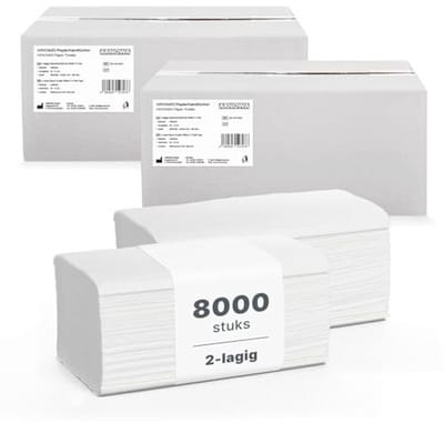 Papieren handdoeken 2-laags V-vouw, 8000 stuks, 25x23 cm - Hygiënisch en absorberend