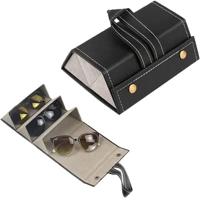 3-Slot Brillenkokers - Zonnebril Opbergdoos - Opvouwbare brillendoos - PU Lederen Opbergtas met Opknoping Display - Brillentas - voor Glazen Opslag of andere kleine items - Zwart