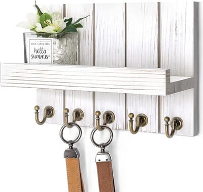 Sleutelrekje voor Aan De Muur - Decoratieve Brievenhouder en Sleutelrek voor Wandmontage - Elegante 5 Stevige Sleutelhaken met Zwevend Plankje voor De Woonkamer - Wit