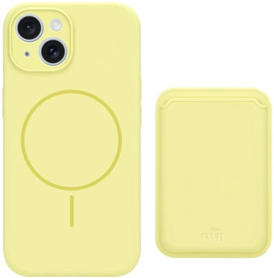 xoxo Wildhearts siliconen hoesje met magnetische kaarthouder (geel) - Geschikt voor iPhone 15 MagSafe - Silicone case met wallet - ruimte voor pasjes - pasjeshouder - shockproof telefoonhoesje