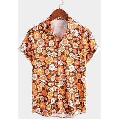 Jaren 70 Thema Disco Feest Heren Bloemen Vintage Bloemen Knopen Korte Mouwen Strand Zomer Overhemd L beige