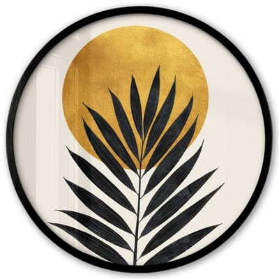 Poster in lijst Rond - Fotolijst 40x40 cm - Posters - Zwart palmblad - Gouden cirkel - Beige achtergrond - Ronde posterlijst zwart - Decoratie - Wanddecoratie woonkamer - Muurdecoratie slaapkamer
