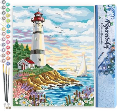 Figured'Art Schilderen op Nummer Volwassenen canvas Vuurtoren op een mooie dag - Handwerk acrylverf Kit DIY Compleet - 40x50cm zonder frame