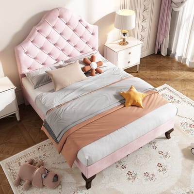 DESMIU Gestoffeerd Bed 90x200 cm Zonder Matras – Bed Met Verstelbaar Hoofdbord – Gevoerde Rugsteun Met Lattenbodem – Jeugd En Slaapkamer – Zacht Fluweel – Roze