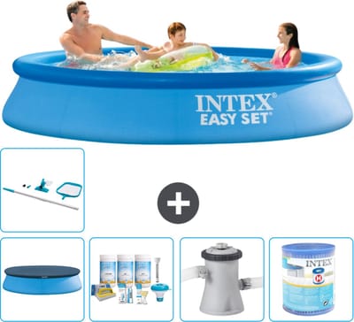 Intex Rond Opblaasbaar Easy Set Zwembad - 305 x 61 cm - Blauw - Inclusief Afdekzeil - Onderhoudspakket - Zwembadfilterpomp - Filter - Schoonmaakset - 6-delig