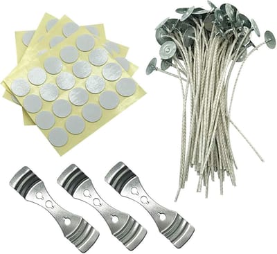 Candle Wick Bundle: 100 Candle Wicks, 100 Stickers en 3 Wick Houders - Easy Positioning - Wicks gecoat met natuurlijke soja Wax, katoenen draden geweven met papier, bevat geen zink, lood of othe