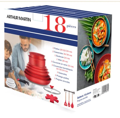 Batterie de cuisine avec manche amovible 18 pièces Rouge Arthur Martin AMR94