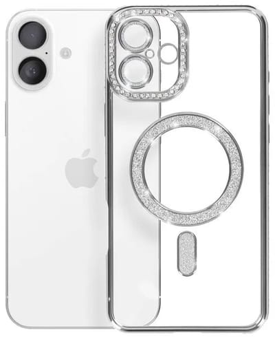 Hoesje met Diamantjes en Glitter Geschikt voor: iPhone 16 - MagSafe Glitter Hoesje - Zilver met Diamanten steentjes - Glamour Hoesje