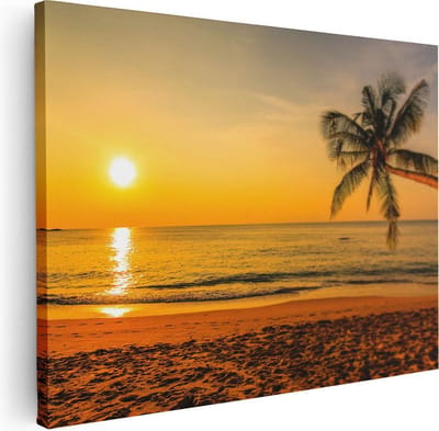 Artaza Canvas Schilderij Zonsondergang Strand - 40x30 cm - Klein - Wanddecoratie Palmboom - Muurdecoratie Zee - Kamer Accessoires Woonkamer