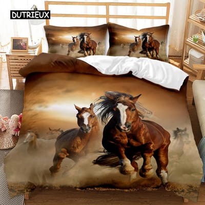 Paard Dekbedovertrek Set 3D Hengst Print Dekbedovertrek Wildlife Beddengoed Set Dier Polyester Dekbedovertrek Tweepersoons Koningin King Size EU single(135x200cm)