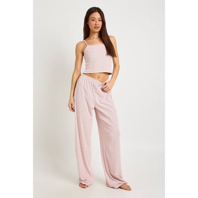 boohoo Dames Lange Zachte Geribbelde Gestreepte Hemdtop & Pyjamabroek Set | Baby Pink | Maat: 16