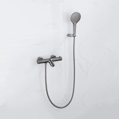 FugaFlow Eccelente Sobrado Badkamer Thermostatische badkraan met ronde handdouche, handdouchehouder en metalen doucheslang Gunmetal PVD