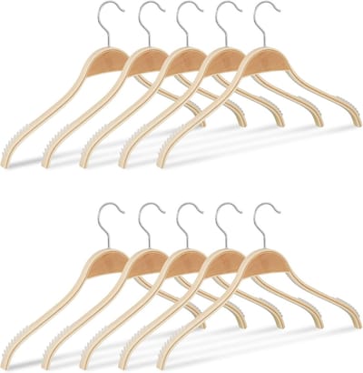 Famanu - Set van 10 houten kledinghangers met zachte rubberen antisliphandgrepen, geschikt voor jurken en jassen – Natuur