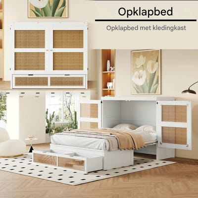VVBV Wandbed 140x200 cm - Opbergruimte, Lades, App-bediening, Lattenbodem, Voor Kinderen/Tieners - Hout/Rotanlook Wit
