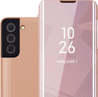 Cadorabo Hoesje geschikt voor Samsung Galaxy S22 in KUNZIET ROZE - Clear View Spiegel Beschermende Case met Tribunefunctie 360 Graden Bescherming Book Case Cover Etui