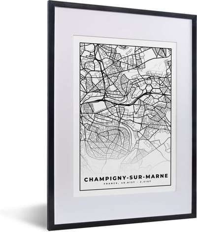 Fotolijst incl. Poster Zwart Wit- Kaart - Plattegrond - Champigny-sur-Marne - Frankrijk - Stadskaart - Zwart wit - 30x40 cm - Posterlijst