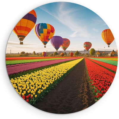 Saammp Muurcirkel Hout - Landschap - Luchtballonnen boven een tulpenveld - Natuur - Ø 90 - Wandcirkel - Wanddecoratie Cirkel - Muurdecoratie Woonkamer - Slaapkamer decoratie - Rond Schilderij