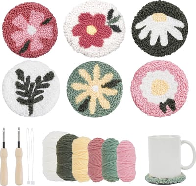 Punch Needle Pakket - 6x Onderzetters Bloemenmotieven - DIY Knutselset - Punch Needle Kit voor Volwassenen - Punch Needle Pakket voor Starters - Zelf Onderzetters Maken - Hobbypakket - Inclusief Borduurring,Garen en Meer - Voor Beginners Handwerk