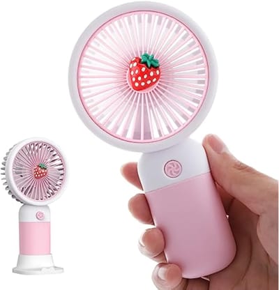 Leuke draagbare handventilator, mini USB-handventilator, kleine oplaadbare elektrische ventilator voor kinderen, batterijgevoede zakventilator, krachtige motor, geschikt voor kamperen en reizen (Aardbeirood)