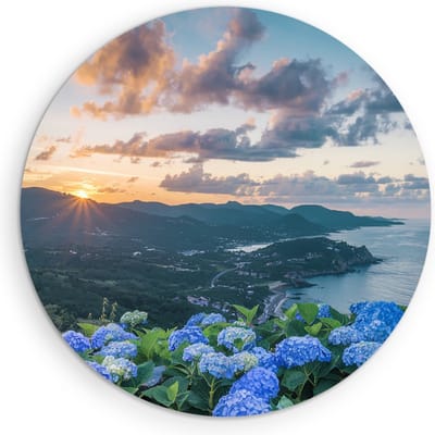 Saammp Muurcirkel Hout - Bloemen aan de kust - Landschap - Natuur - Ø 90 - Wandcirkel - Wanddecoratie Cirkel - Muurdecoratie Woonkamer - Slaapkamer decoratie - Rond Schilderij