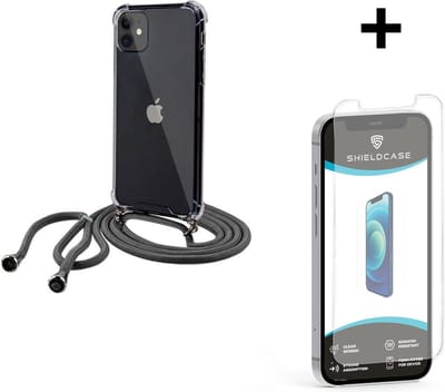 ShieldCase Shock hoesje met zwart koord geschikt voor Apple iPhone 12 / 12 Pro - 6.1 inch + glazen Screen Protector - Telefoonhoesje met koord - Backcover hoesje met koord - transparant / zwart