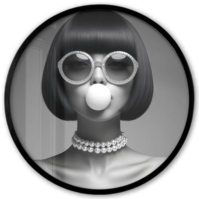 Poster in lijst Rond - Fotolijst 40x40 cm - Posters - Vrouw - Zwart Wit - Ketting - Zonnebril - Ronde posterlijst zwart - Decoratie - Wanddecoratie woonkamer - Muurdecoratie slaapkamer
