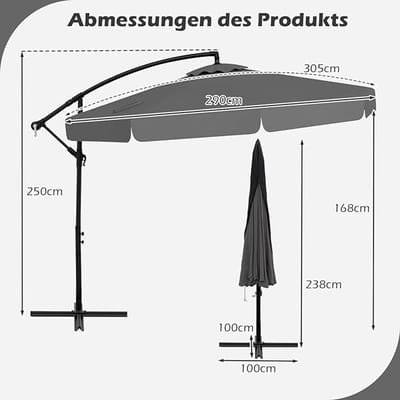 Zweefparasol 300 cm x 250 cm – Cantilever Tuinparasol met Beschermhoes, Dubbel Dubbellaags Dak, Kantelbaar 0–35°, Zwengelbediening, 8 Sterke Metalen Ribben, Metaal Frame – Mobili Bella