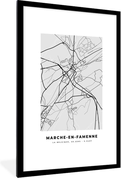 Fotolijst incl. Poster Zwart Wit- Stadskaart – Plattegrond – België – Zwart Wit – Marche en Famenne – Kaart - 80x120 cm - Posterlijst