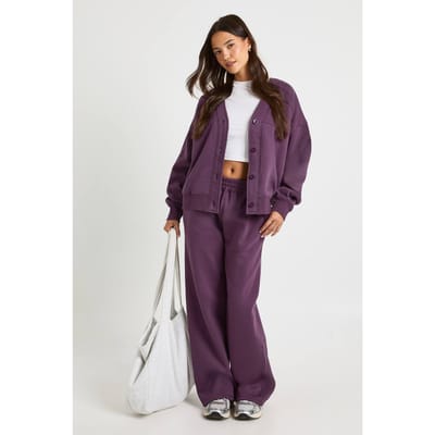 boohoo Dames Cardigan-trui met knoopsluiting en jogger-trainingspak met rechte pijpen | Pruim | Maat: Small
