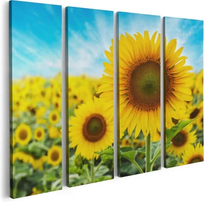 Artaza Canvas Schilderij Vierluik Zonnebloemen Veld  - 80x60 - Foto Op Canvas - Canvas Print