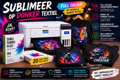 Epson SureColor F100 Sublimatie Starterspakket + 20 Subli Fabric Plus Vellen + Zwarte T-Shirts | Sublimeren op Katoen én Donker Textiel