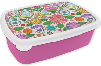 Broodtrommel Roze - Lunchbox - Brooddoos - Bloemen - Regenboog - Vlinder - Design - 18x12x6 cm - Kinderen - Meisje