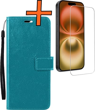 Hoes - Met Screenprotector - Geschikt voor Apple iPhone 16 - Luxe Pasjeshouder - Bookcase Portemonee - Flip Case - Kunstleer Book Case - Flipcase - Book Cover - Walletcase - PortemonneeHoes - Turquoise
