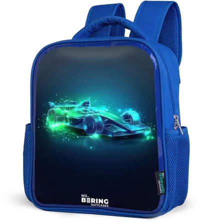 NoBoringSuitcases.com® - Rugzak blauw - Schooltas jongens - Neon racewagen in digitale stijl - Kinder rugtas jongen - Boekentas kind - Kinderrugzak voor school - Schoolrugzak