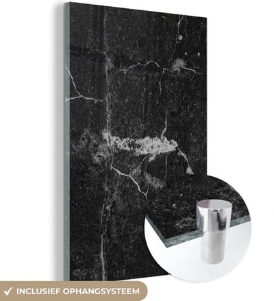Glasschilderij zwart wit - Steen - Graniet - Structuren - Stenen look - Zwart - Wit - 120x180 cm - Schilderij glas - Decoratie woonkamer