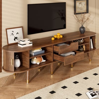 DESMIU Tv Meubel - Met Rattan Schuifdeur En Veel Opbergruimte - Voor Woonkamer En Mediahoek - MDF In Walnootlook - 175x38x45 Cm