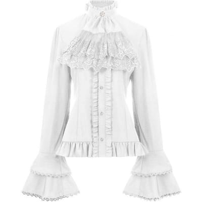 Dames Retro Top Steampunk Stijl Col Strik Decor Kant Effen Kleur Lange Klokmouwen Enkelrijig Rimpeling Geplooid Cosplay S white