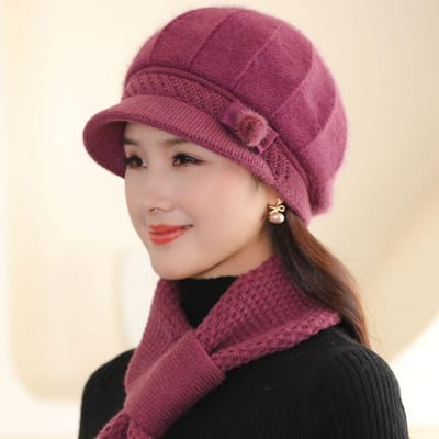 Bonnet d'hiver pour femme en fil de laine chaude, bonnet et écharpe en coton one size rose pink