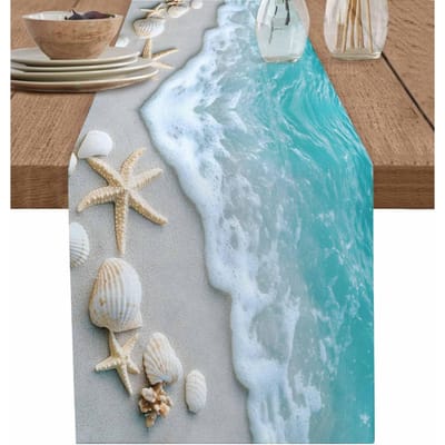 Oceaan Strand Water Golven Schelp Linnen Tafelkleed Commode Sjaals Decor Boerderij Keuken Eettafelkleed Feest Decoratie 150x33cm blue