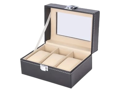 Axbo Luxe HorlogeDoos – Opbergdoos – 3 Vakken – Sieradendoos – Kist – Fluwelen Voering – Verwijderbaar Kussens – Watch Box – Leder – Leer – Zwart