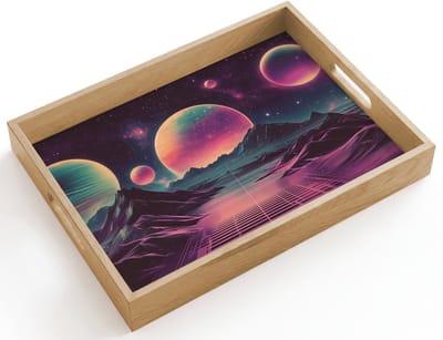 Dienblad hout 40x30 cm - Schootdienblad - Landschap - Planeten - Horizon - Paars - Borrelplank rechthoek - Plateau dienbladen