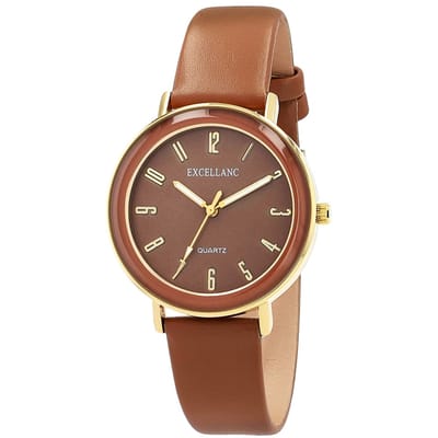 Excellanc-dameshorloge-bruin-goudkleurig-duidelijke wijzerplaat-3 atm-kunstleder-diameter 39 mm